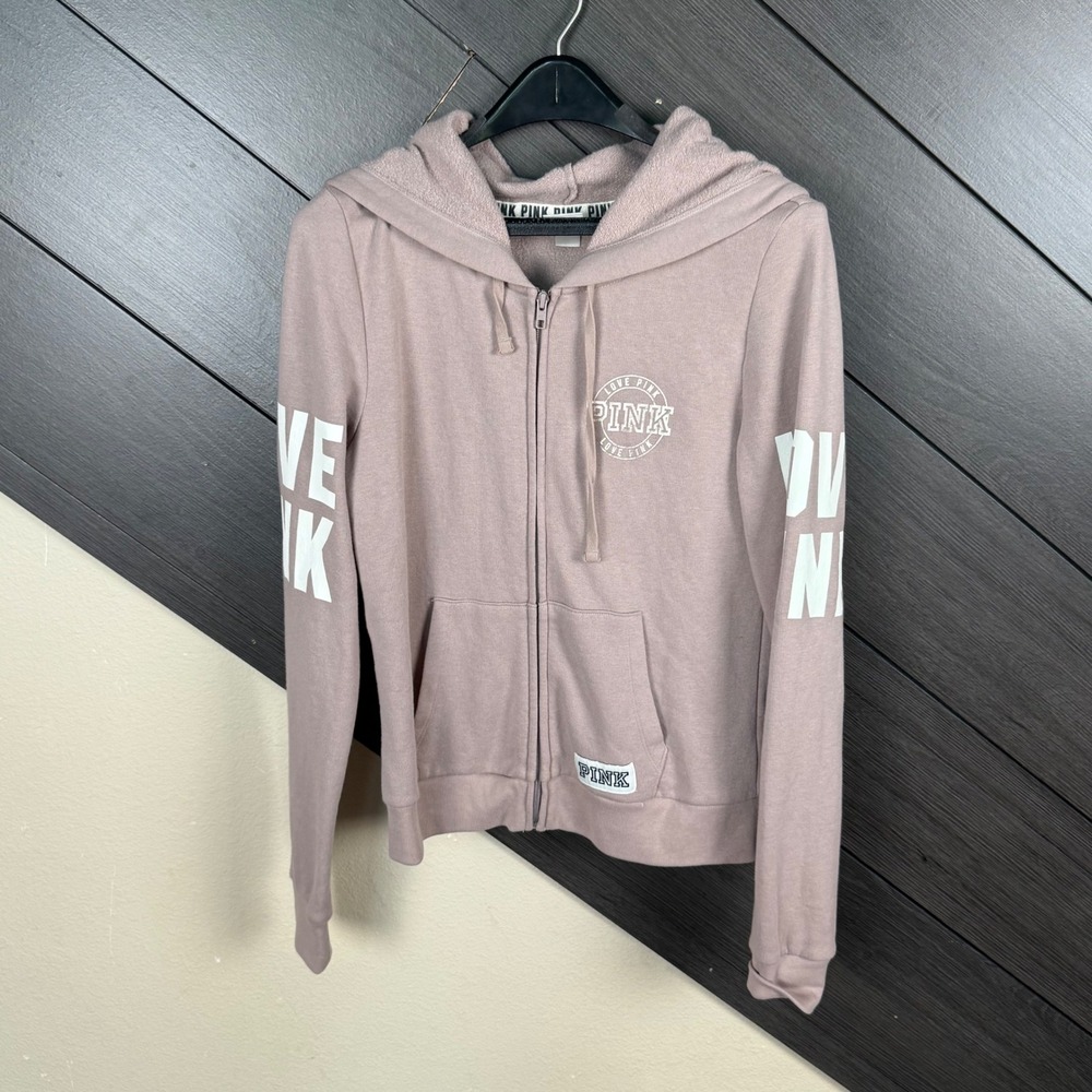 PINK Victoria's Secret Women's Medium Full Zip Hoodie Mauve Love Pink Graphic
